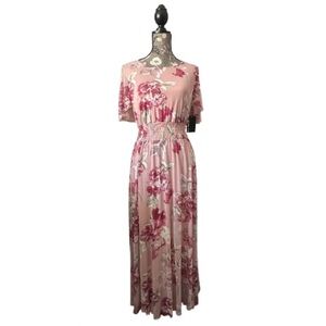 NWT Enfocus Studio Size 6 Pink Pleated Smocked Maxi Dress Short Fluttered Sleeve